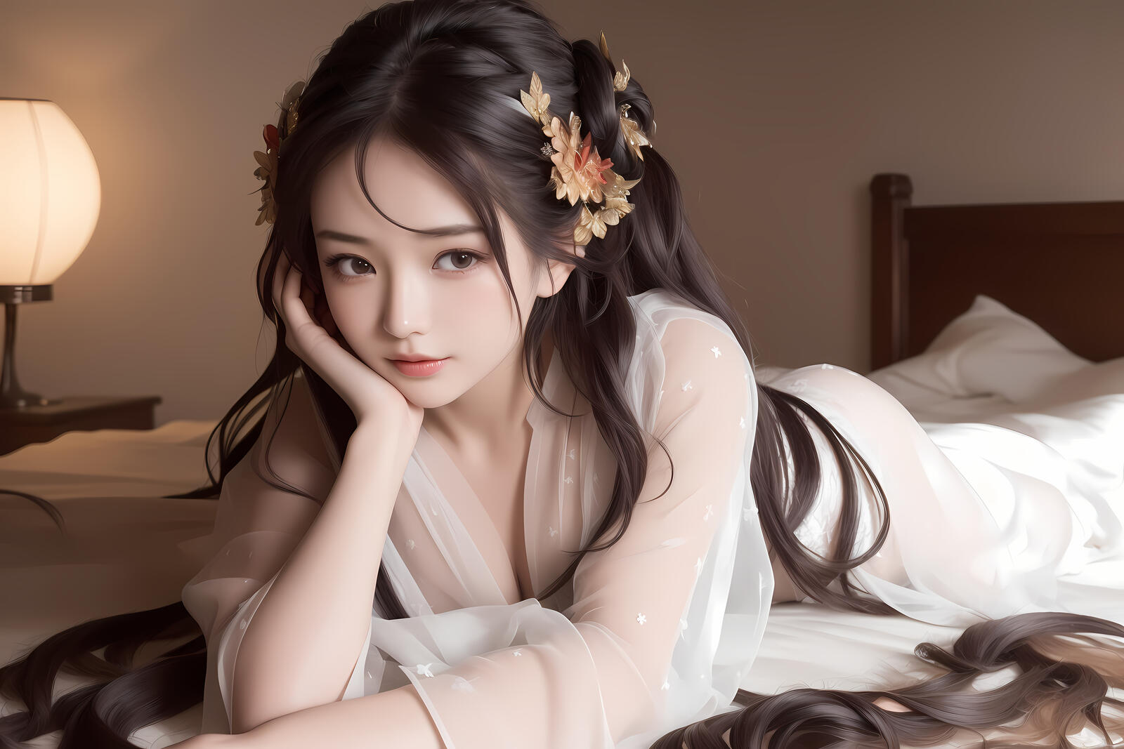 Free photo A girl of Asian appearance in a light white dress