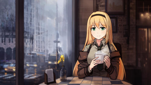 Anime girl drinking a hot drink