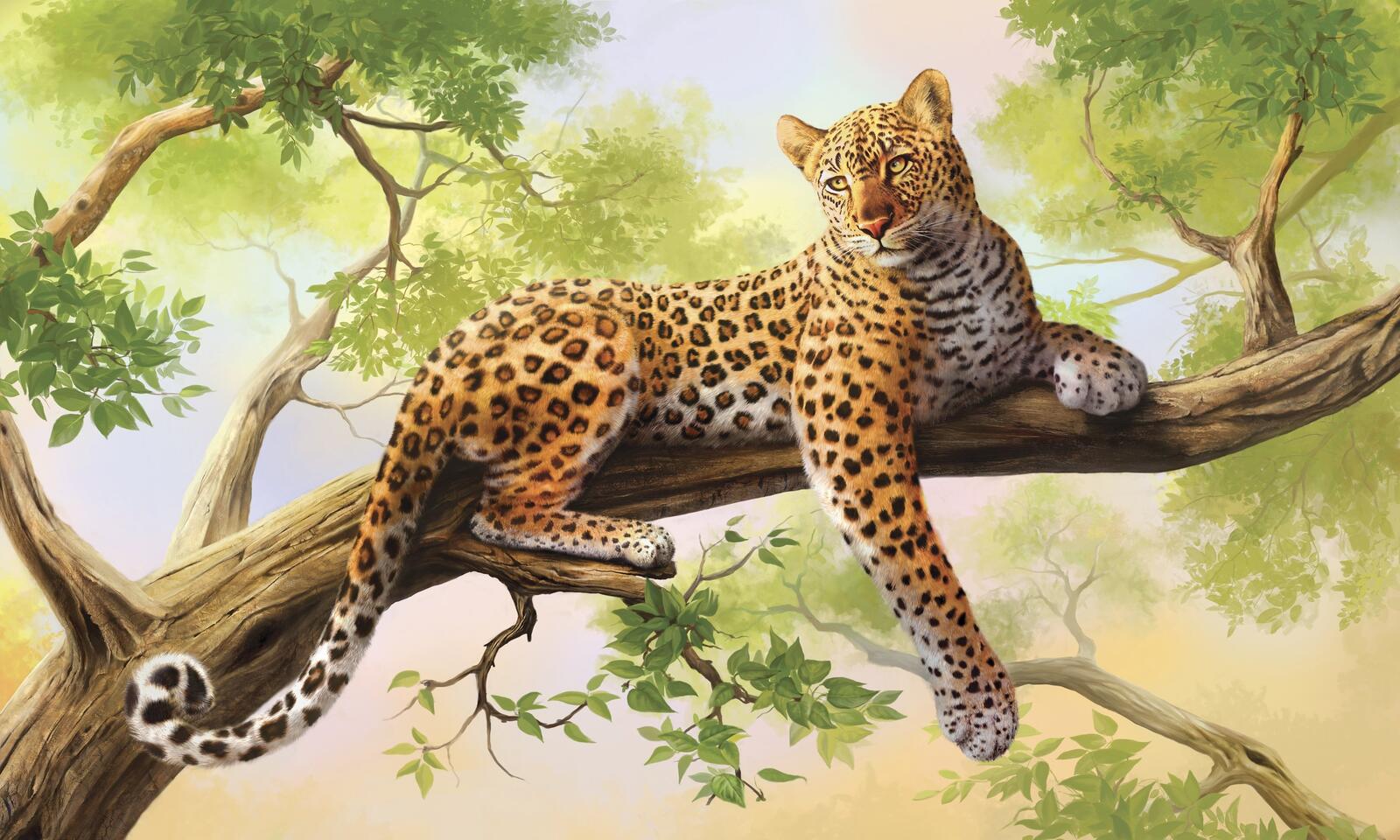 Бесплатное фото Рисунок леопарда лежащего на ветви дерева