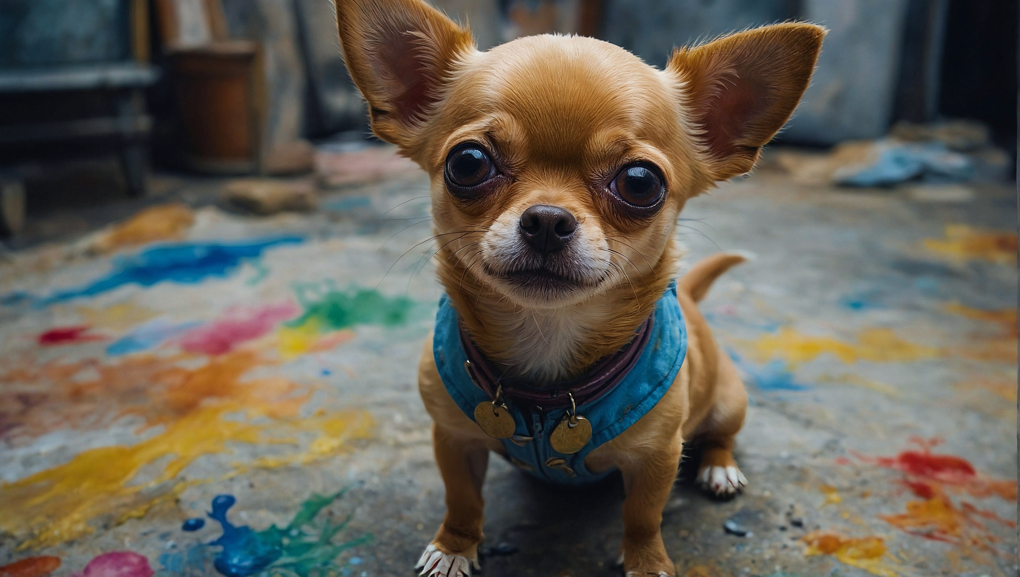 Free photo A small chihuahua with an ear ring on a carpeted floor