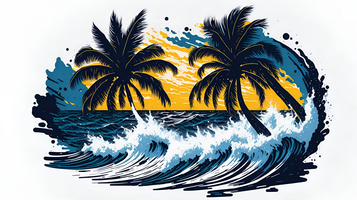 Drawing of the sea with waves and palm trees
