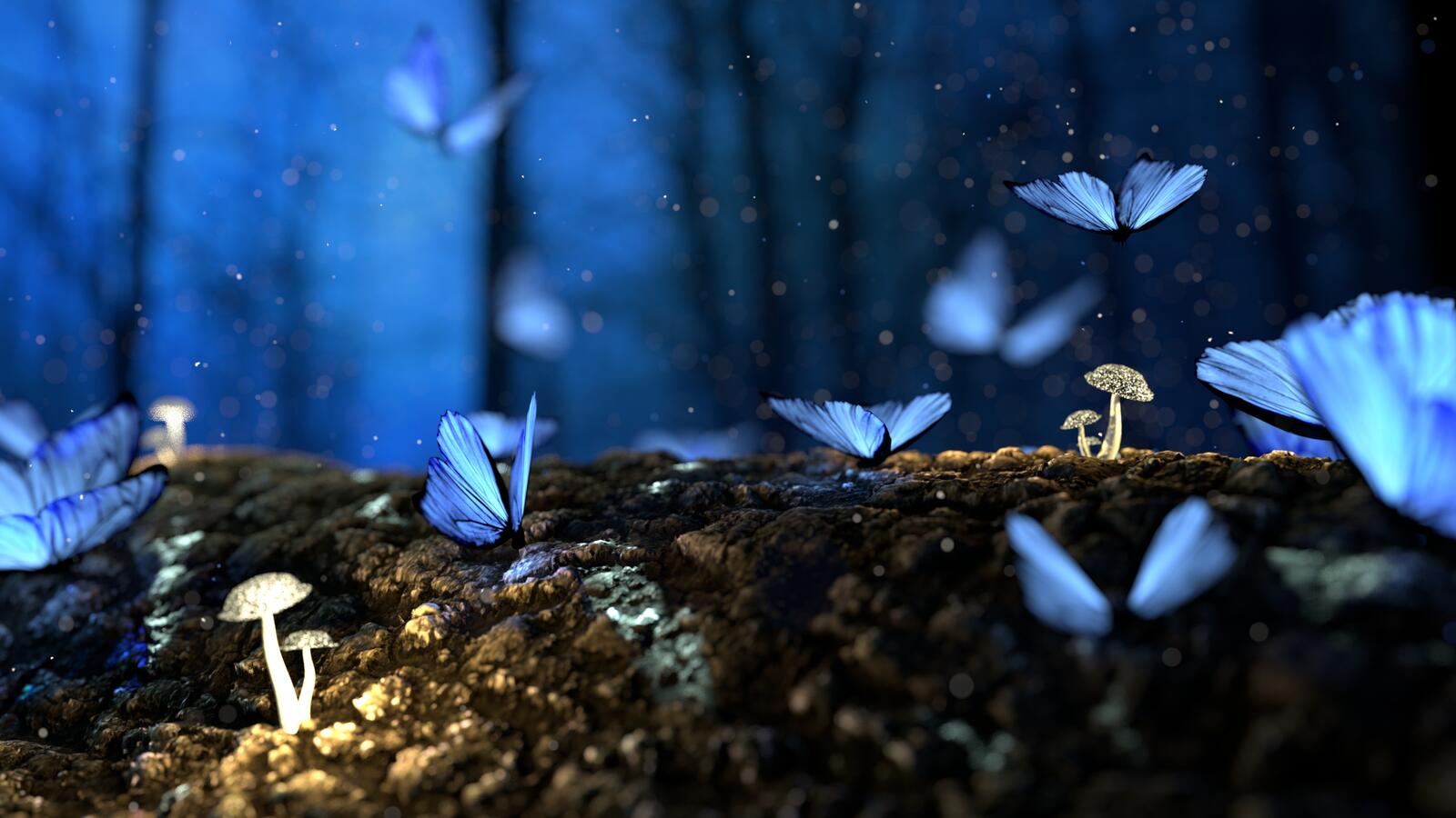 Free photo Wonderful forest with blue butterflies and glowing mushrooms