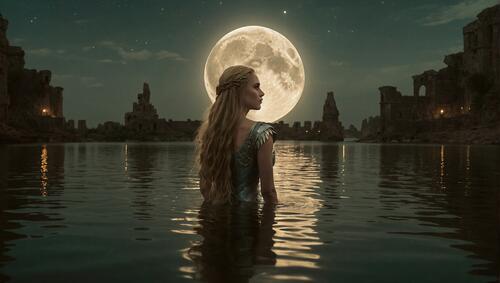 Девушка в воде, повернув голову, смотрит на луну.