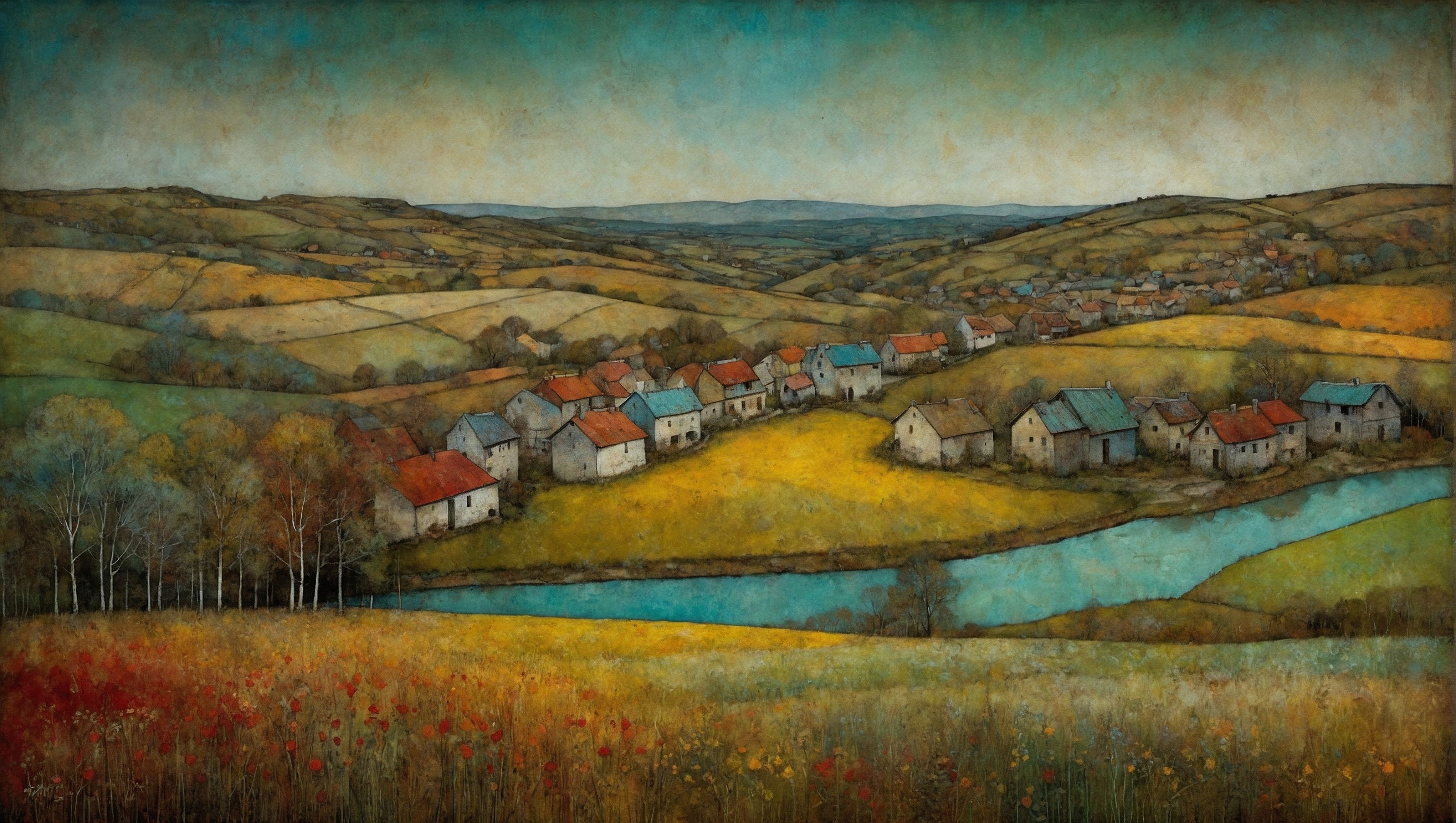 An artistic painting shows houses on a hilly hillside