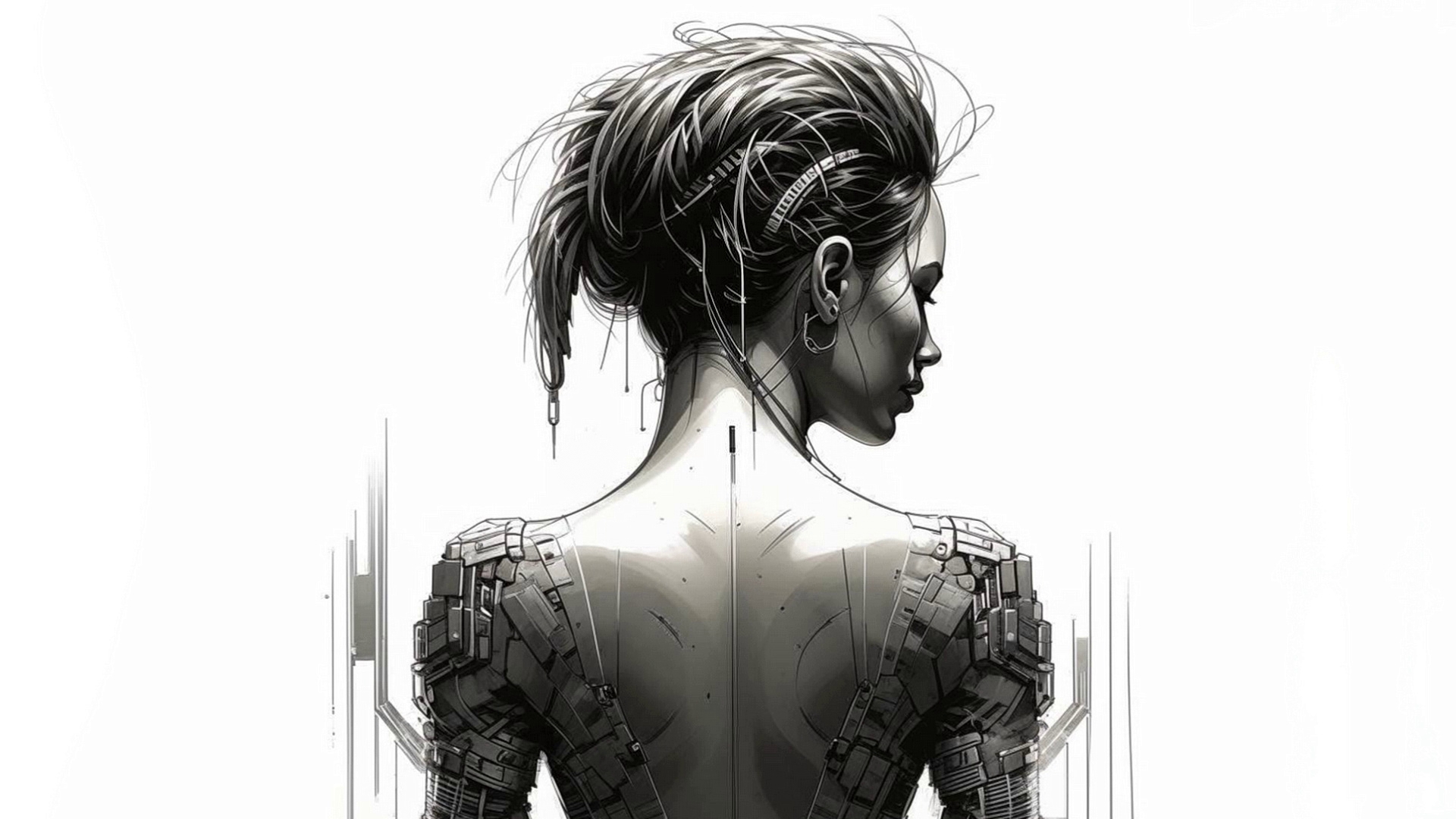 Черно-белый рисунок фантастической девушки стоящей спиной
