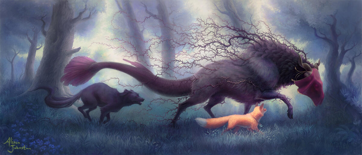 A fairy tale creature runs through the woods with a wolf and a fox