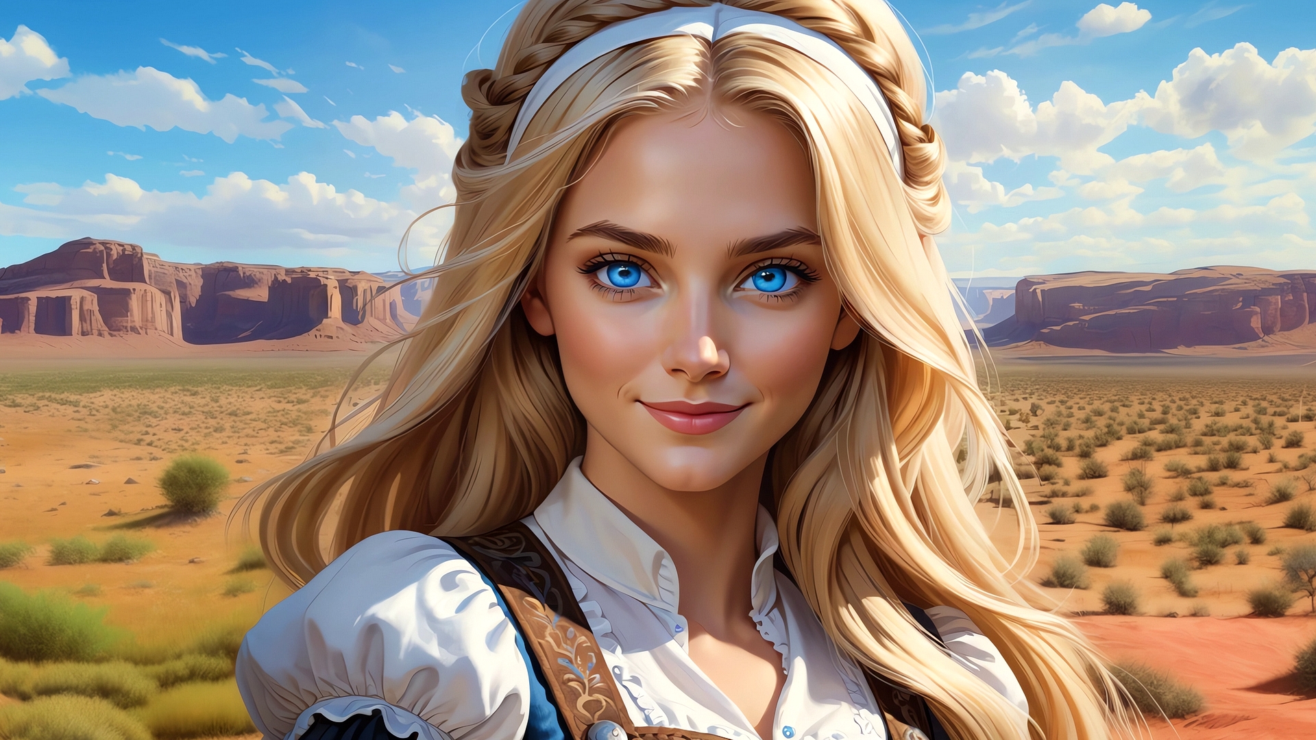 Portrait of a blonde girl against a desert background