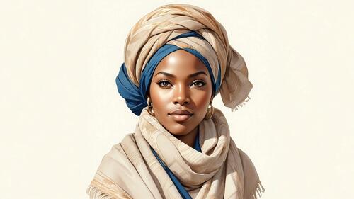 Портрет чернокожей девушки в тюрбане на светлом фоне