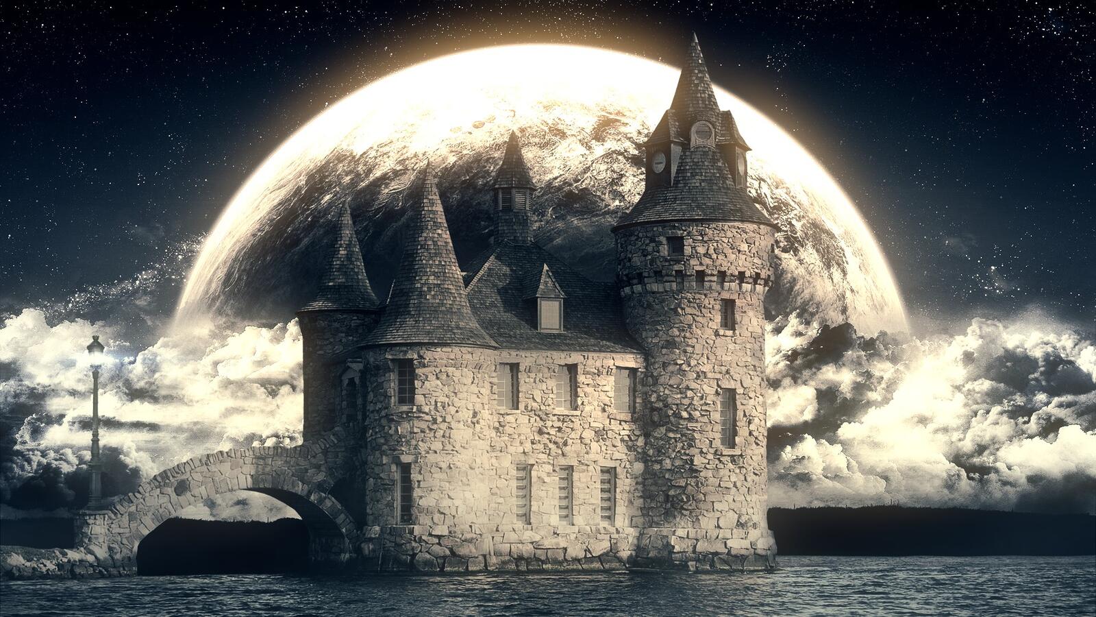 Бесплатное фото Старинный замок на фоне луны