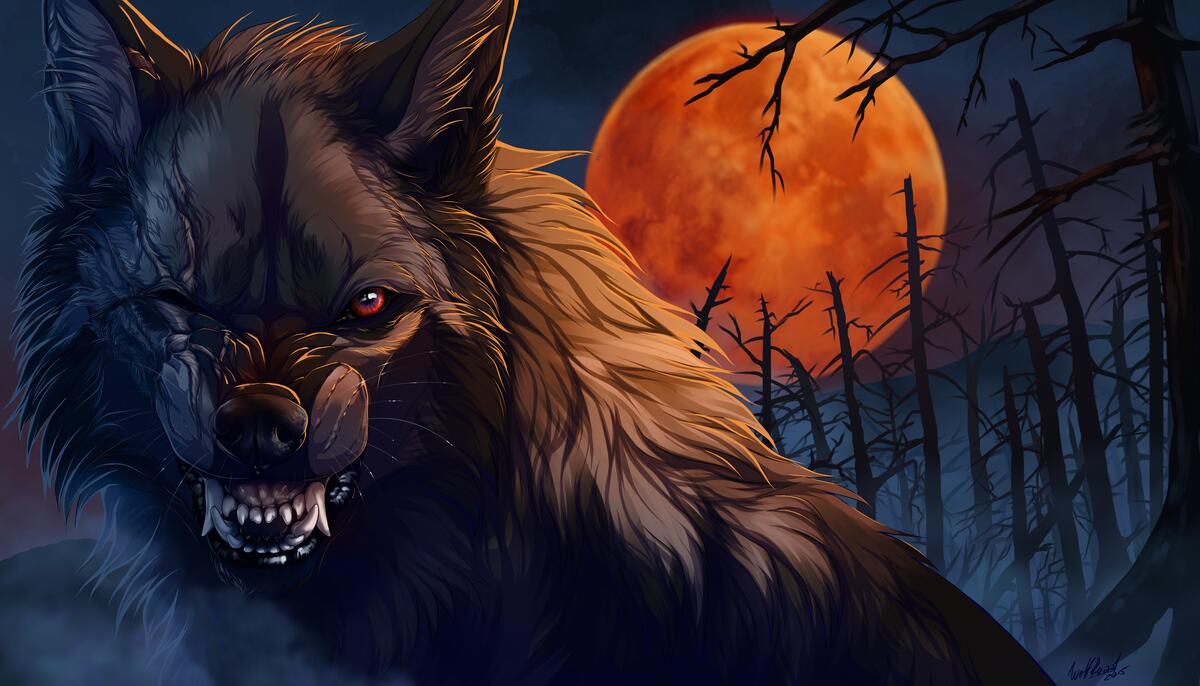 A rendering of a wolf against a red moon.