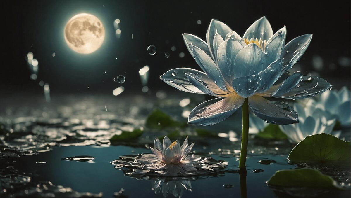 Lilies sitting in the water with the moon above them