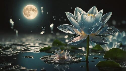 Lilies sitting in the water with the moon above them