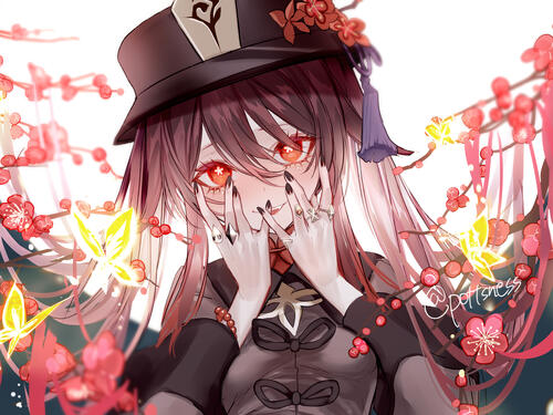 Anime girl with red eyes and a black hat