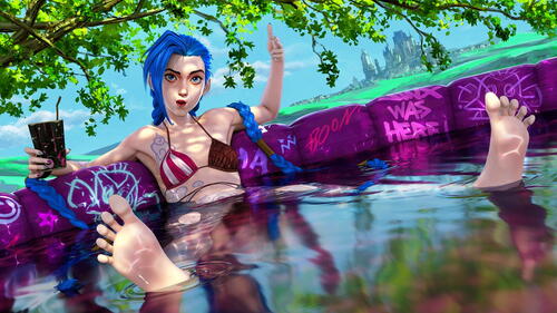 A girl with blue hair sits in the pool and holds a glass in her hand
