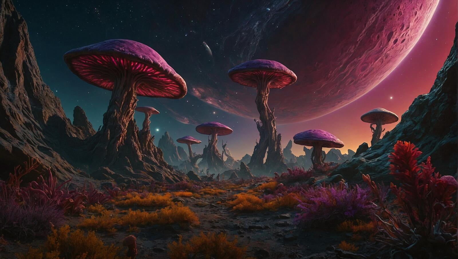Free photo Mushrooms in the wild at night against a backdrop of distant planets
