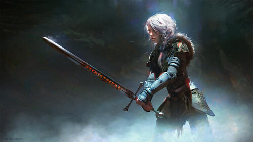 Седоволосая девочка с мечом в руках
