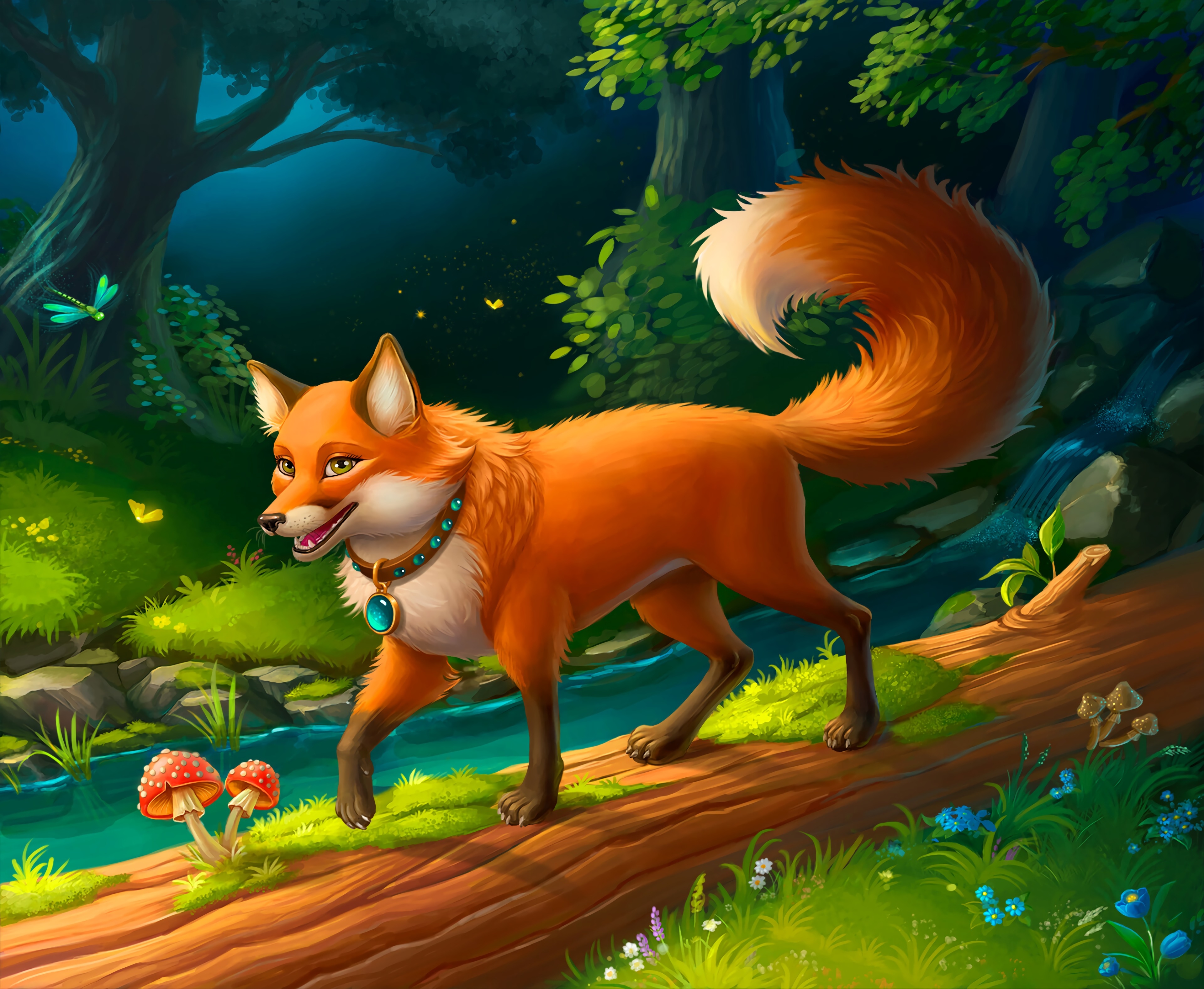 A fox with a pendant around his neck from a cartoon