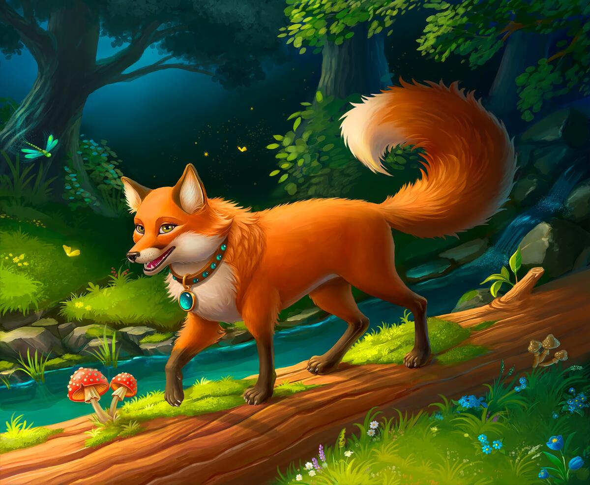A fox with a pendant around his neck from a cartoon
