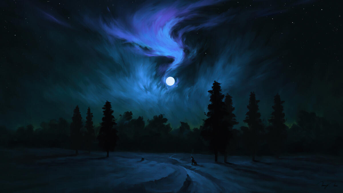 Рисунок ночного неба синим цветом