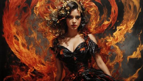 A woman wearing a black dress with a huge fire theme behind her.