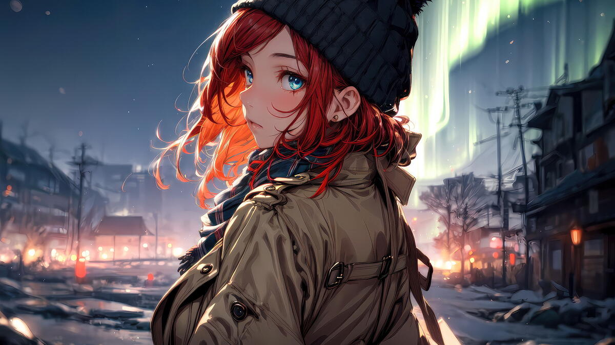 Red-haired girl in a hat stands in the background of a winter city
