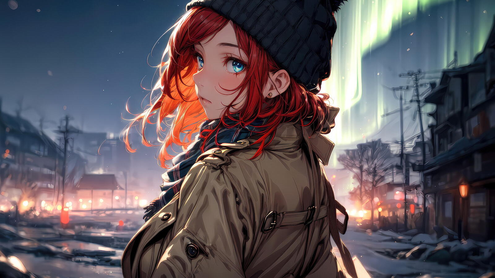 Free photo Red-haired girl in a hat stands in the background of a winter city