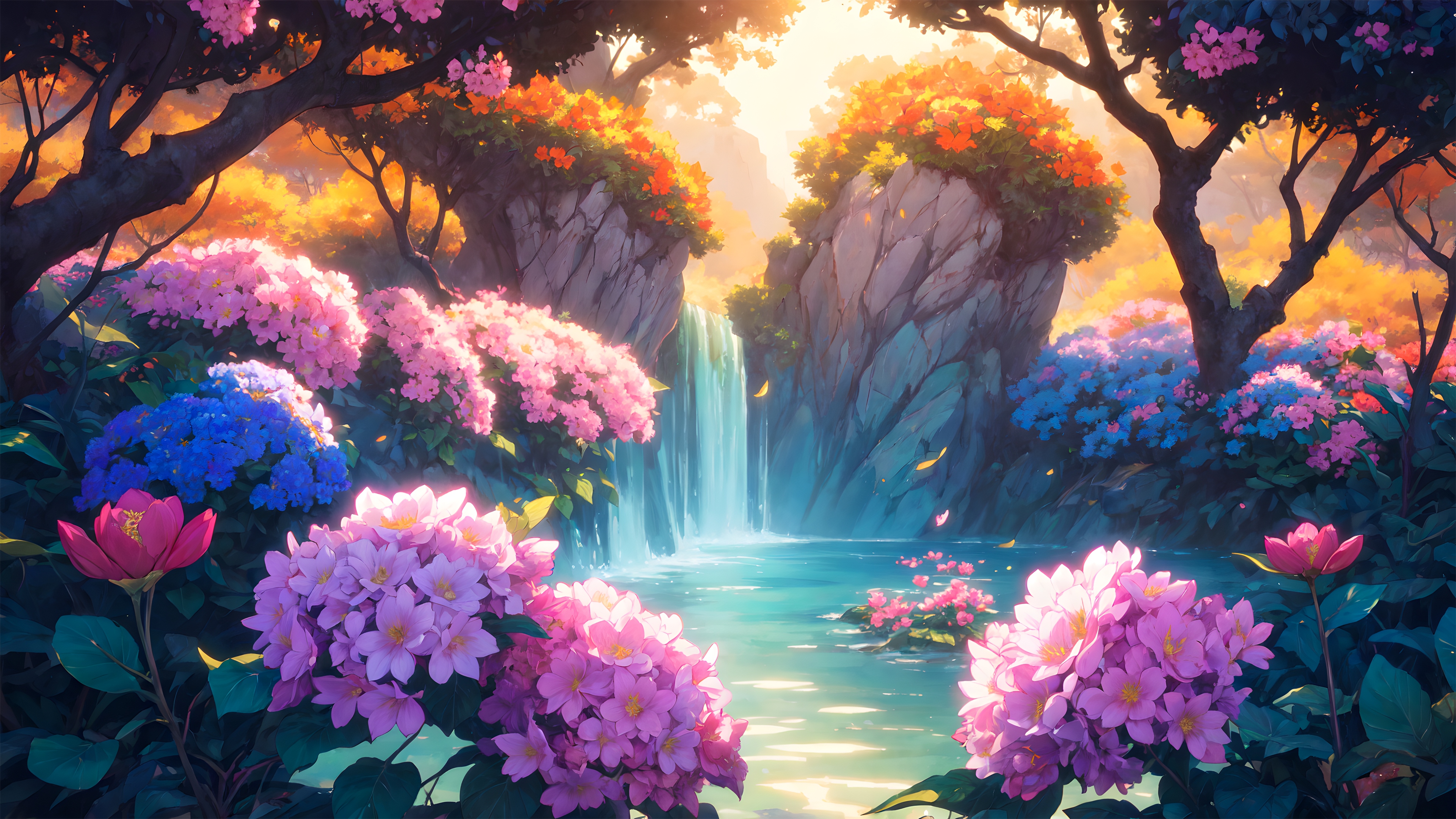 The waterfall full of flowers