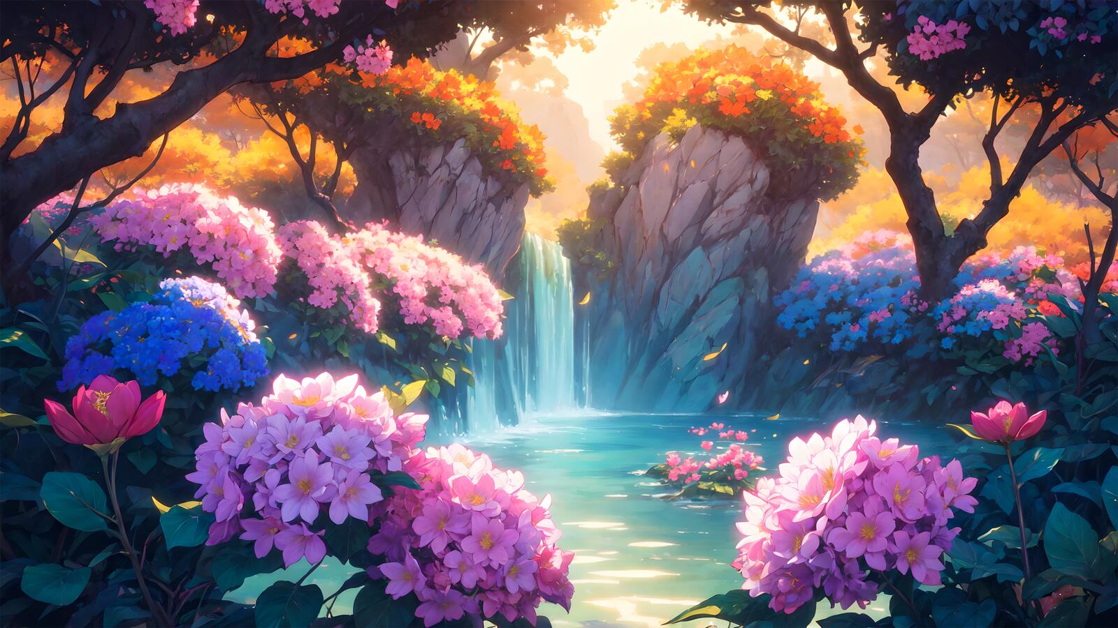 免费照片开满鲜花的瀑布