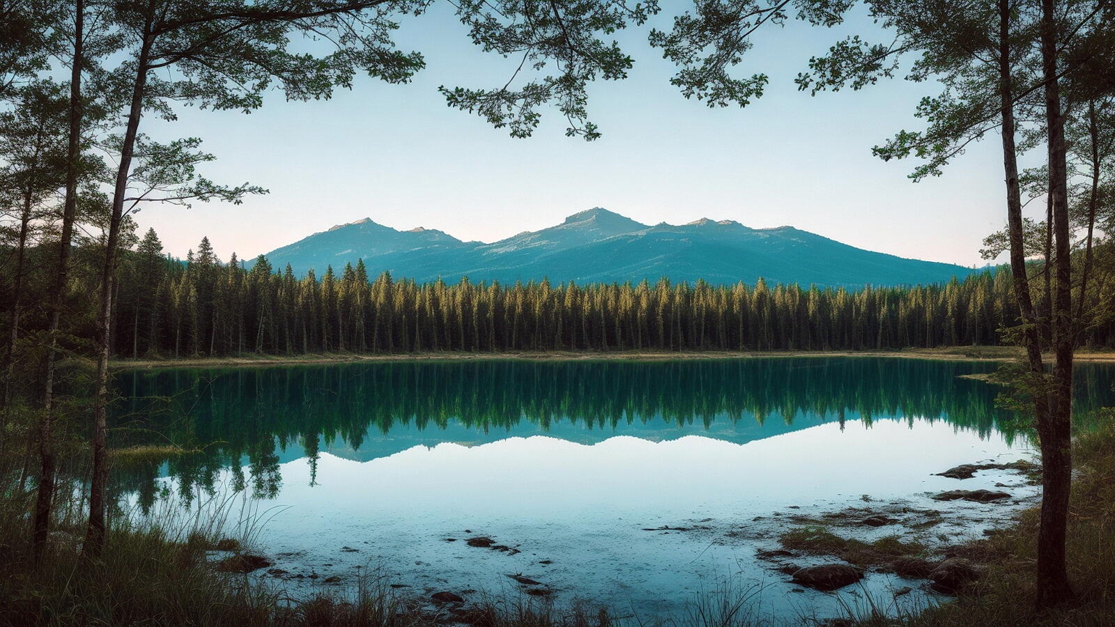 Бесплатное фото Лесное озеро и горы