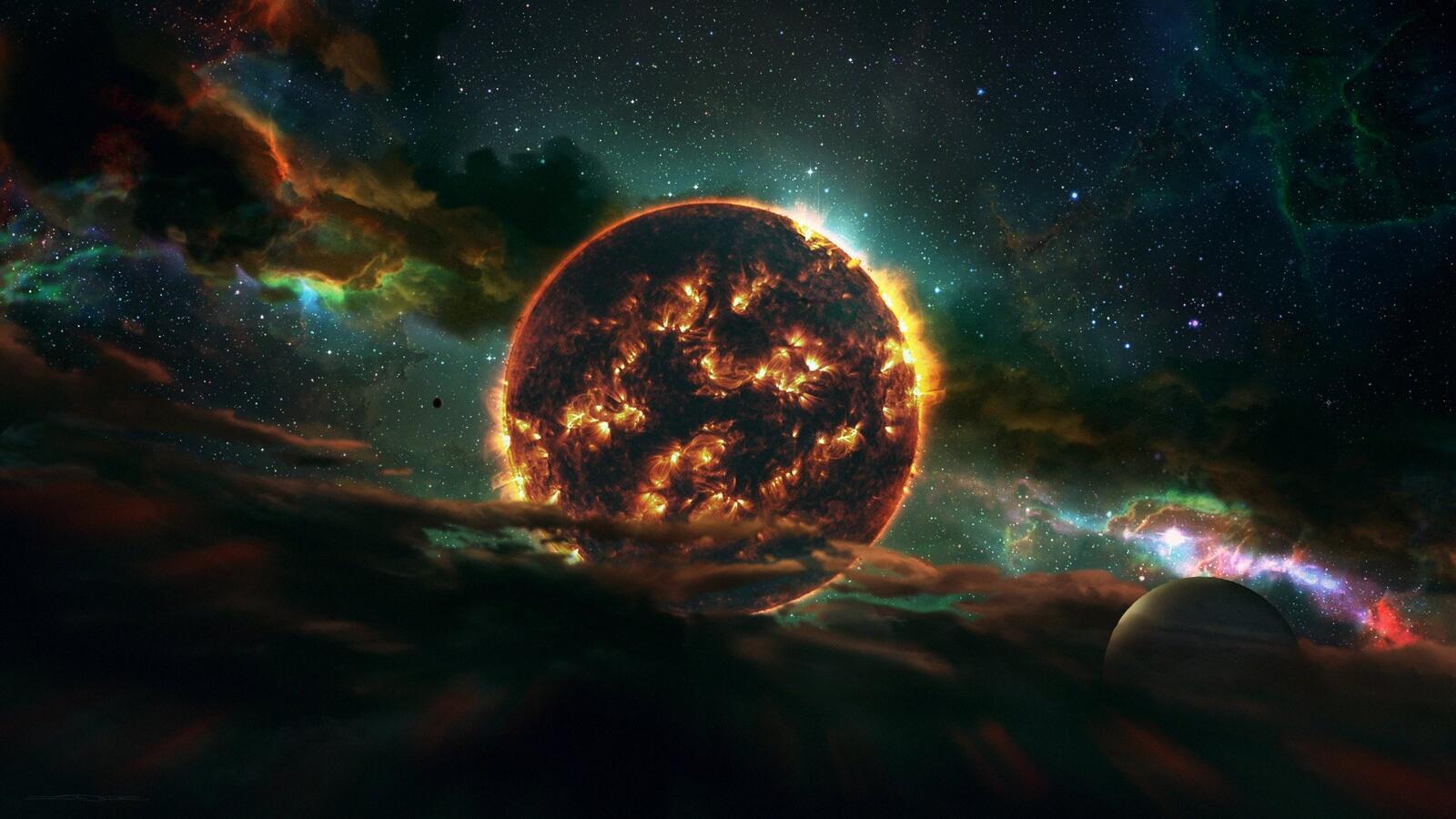 Бесплатное фото Огненная звезда с планетами и туманностью