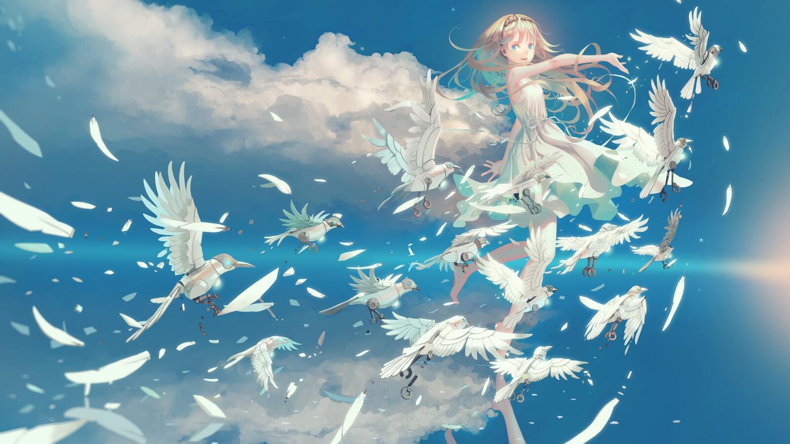 Wallpapers wallpaper anime girl behind the clouds feathers on the desktop