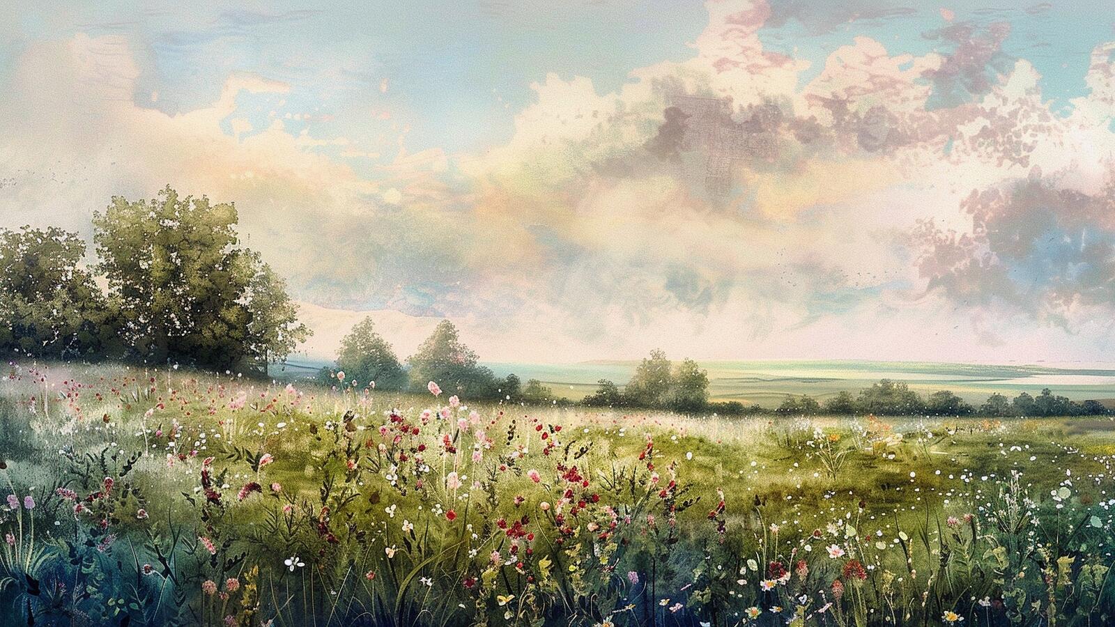 Бесплатное фото Рисунок зеленое поле и небо с облаками