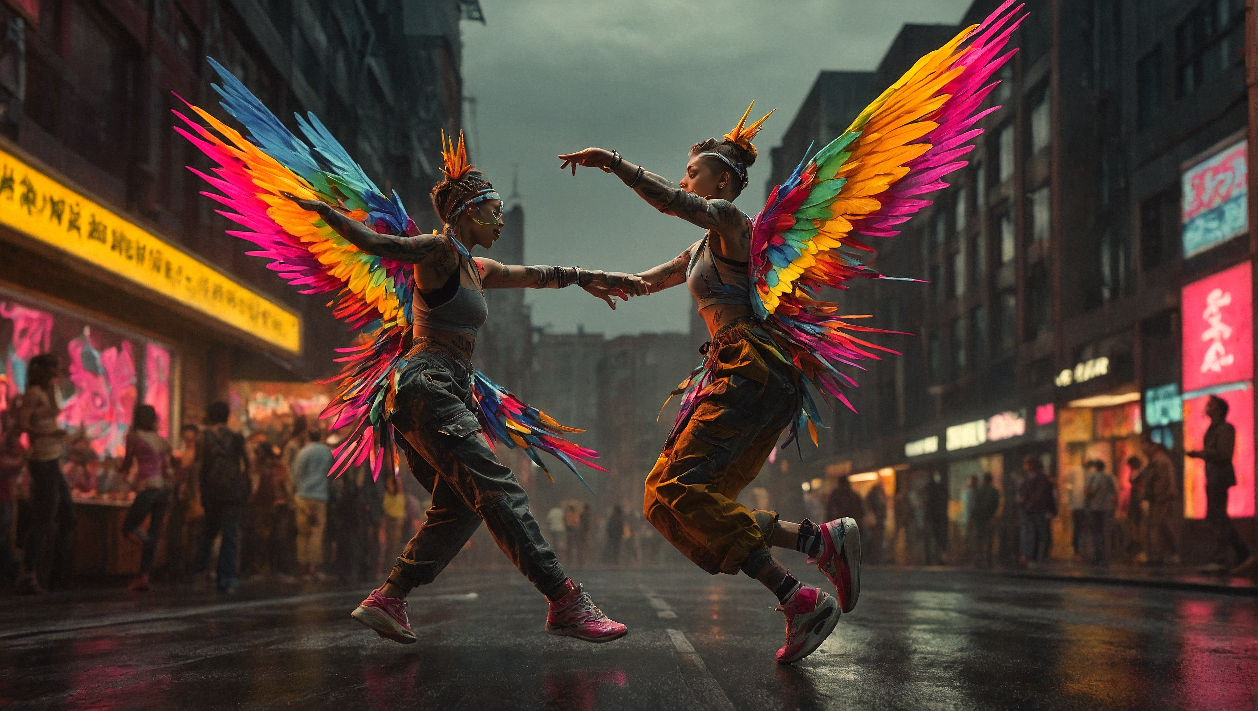 免费照片两名身着戏服的演员在城市街道上表演