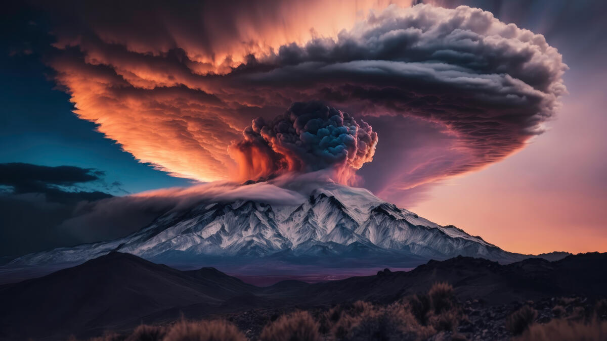 An erupting volcano blowing smoke into the sky