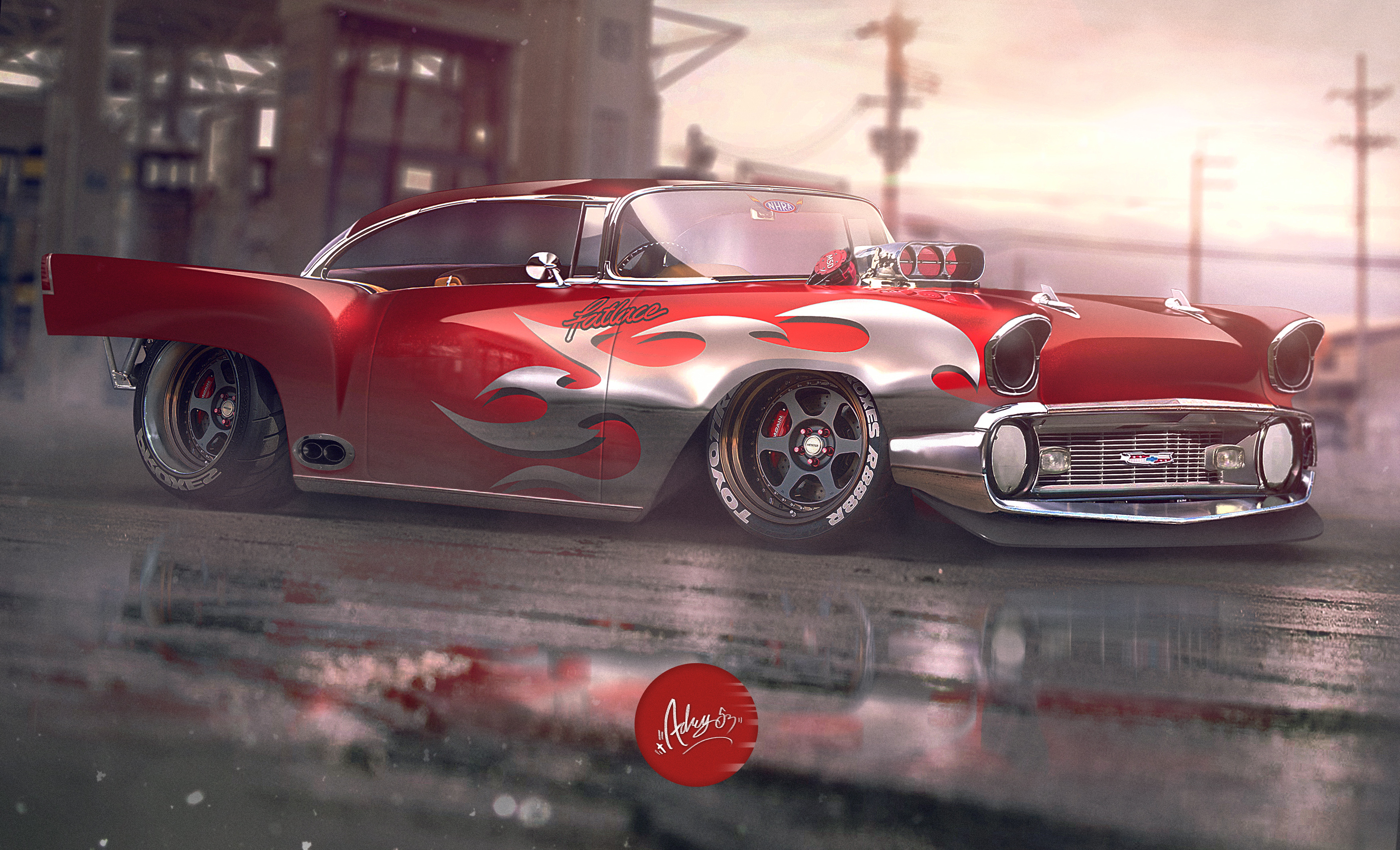 Rendering of an old red car