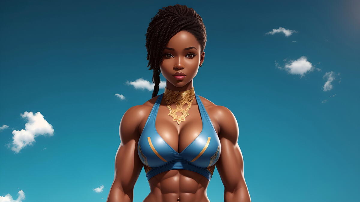 Black girl bodybuilder against the sky.