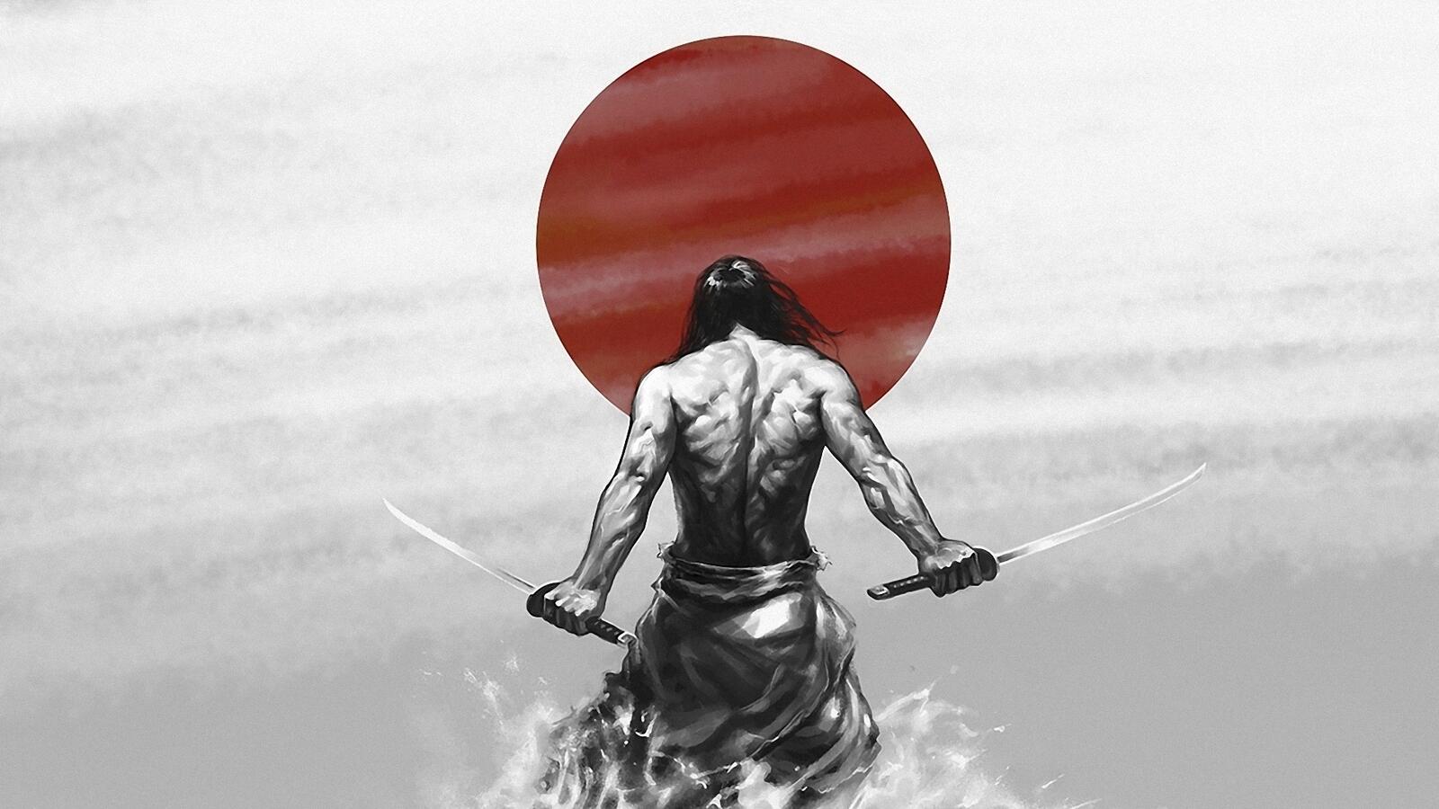 Бесплатное фото Мускулистый самурай с катаной в руках