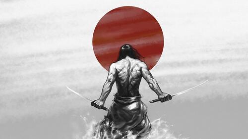 Мускулистый самурай с катаной в руках