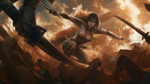 Girl in armor fighting against swords