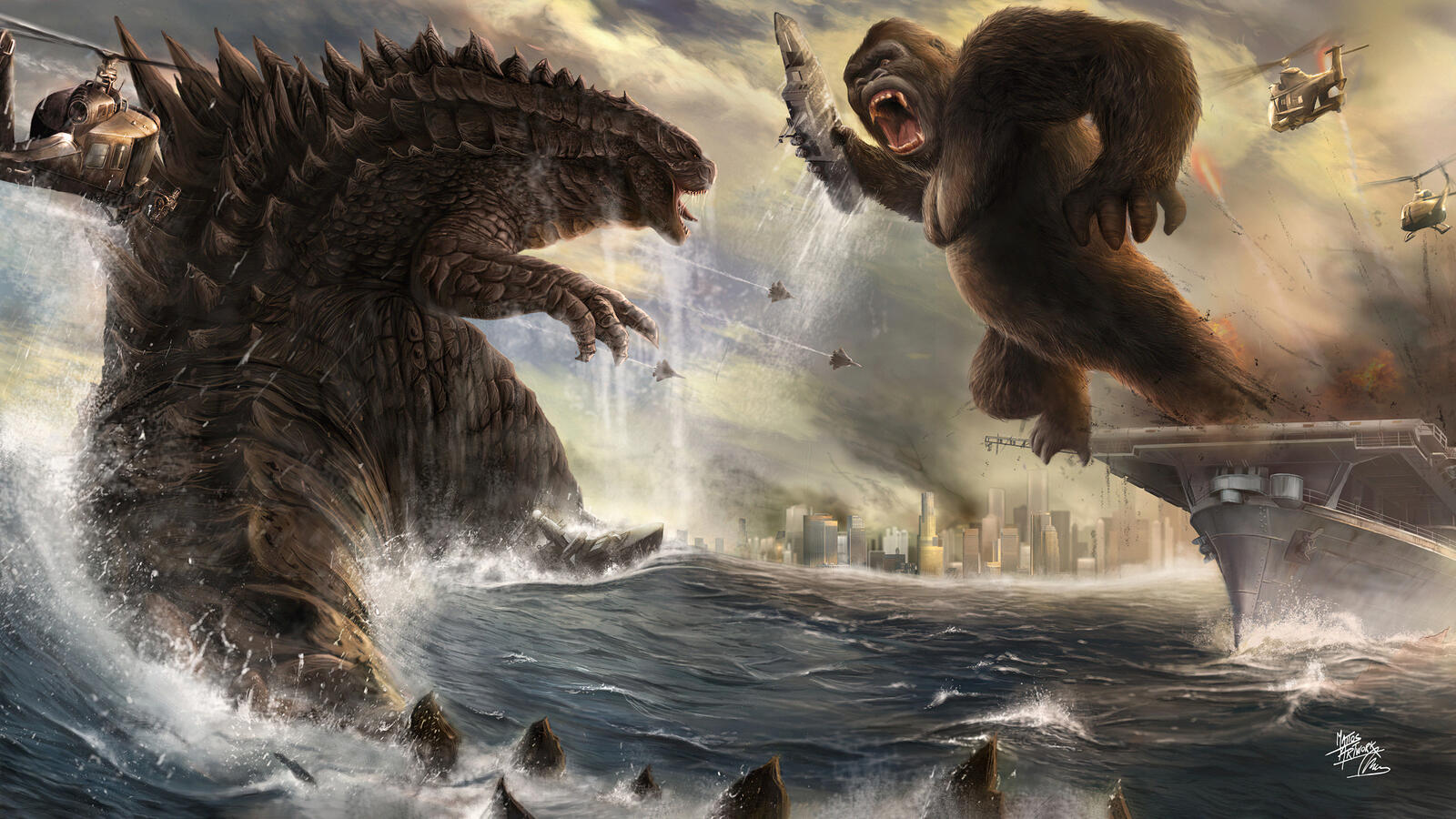 Free photo The battle between gozilla and the sea monster