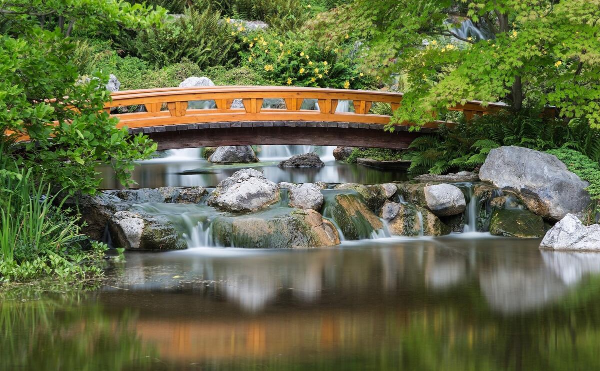 Красивый мост через ручей в японском саду