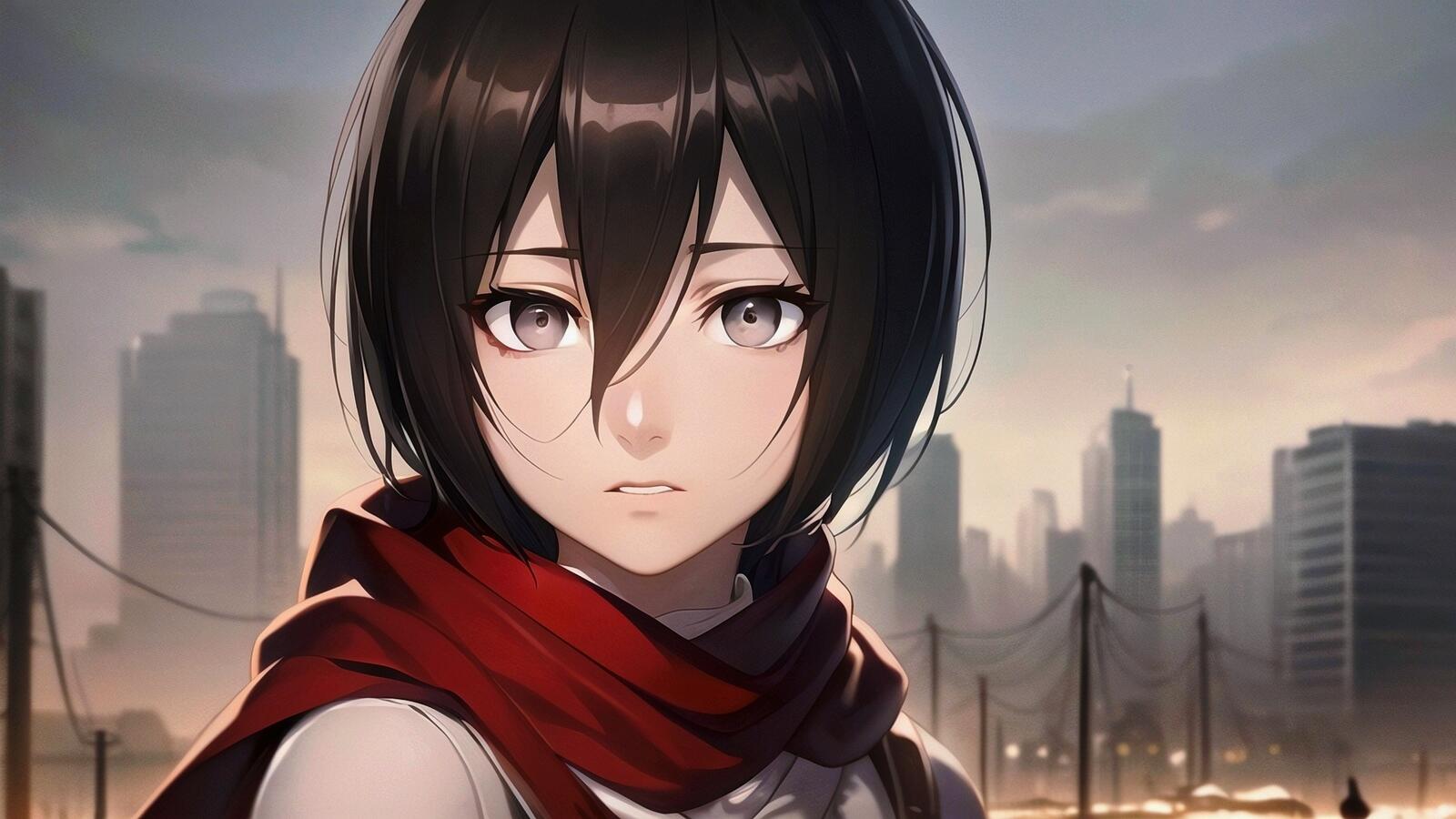 Free photo Anime hero Mikasa in front of the city and the sky