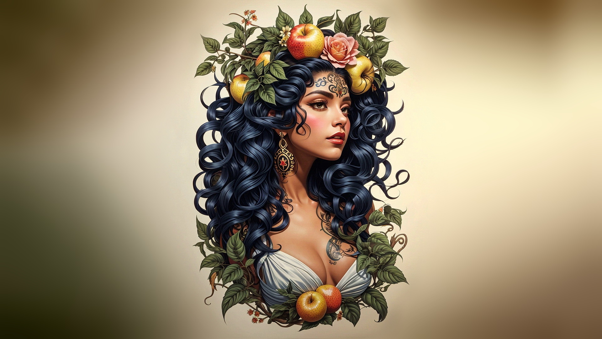 黑发女孩和苹果的肖像。