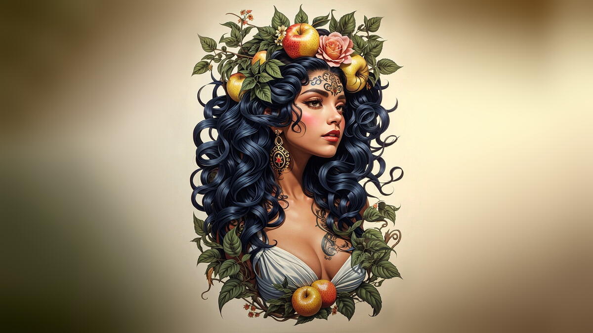 Портрет черноволосой девушки и яблоки
