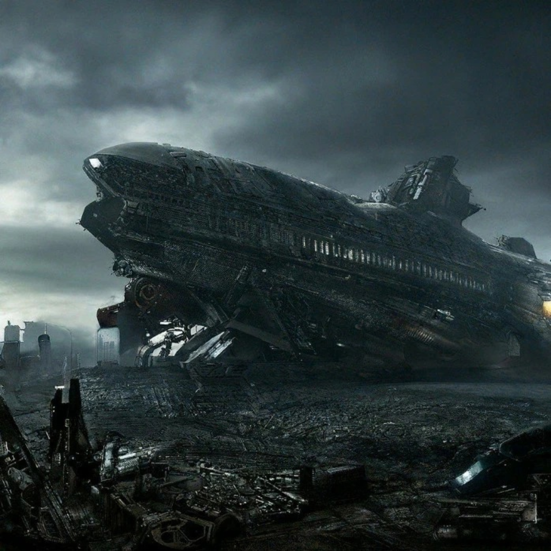 A crashed spaceship in the background of a ruined city
