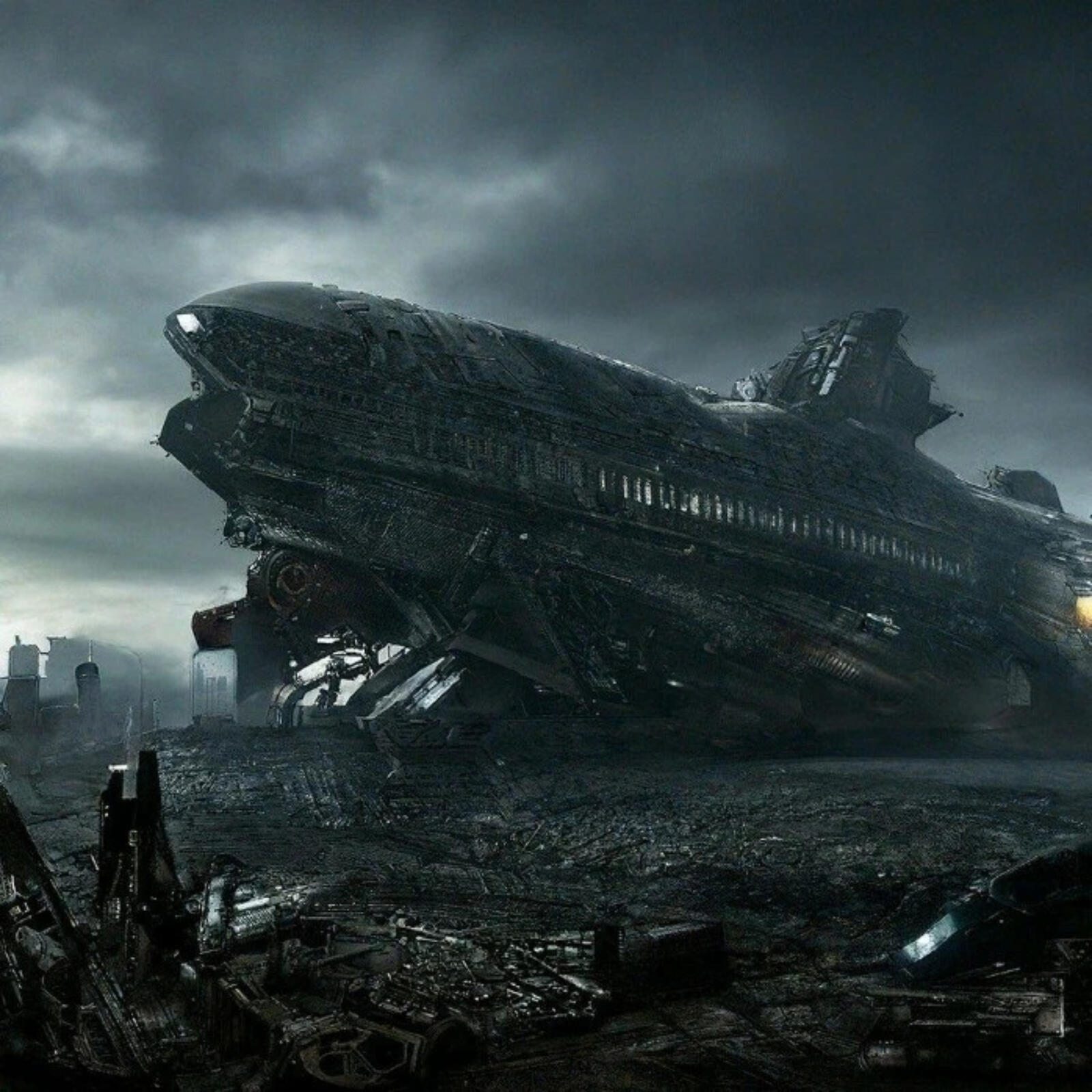 Бесплатное фото Разбившийся космический корабль на форе разрушенного города