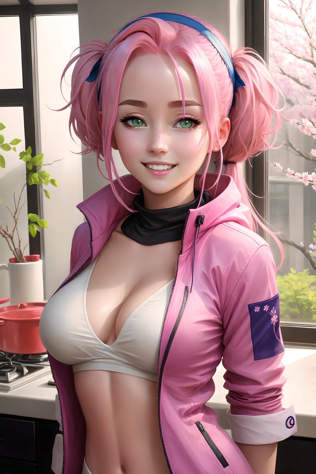Fantasy girl with pink hair smiling