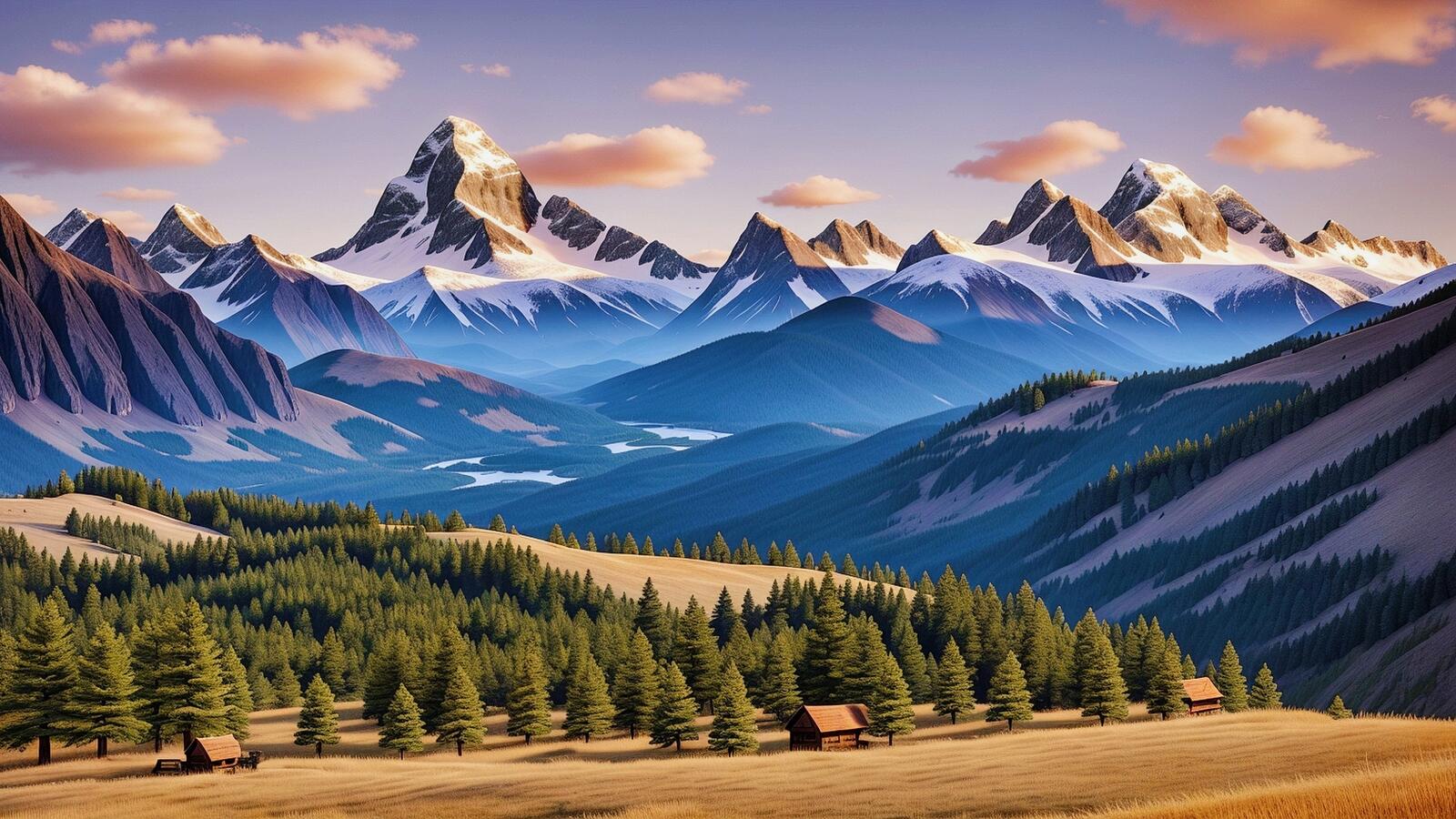 Бесплатное фото Домики на фоне горного пейзажа